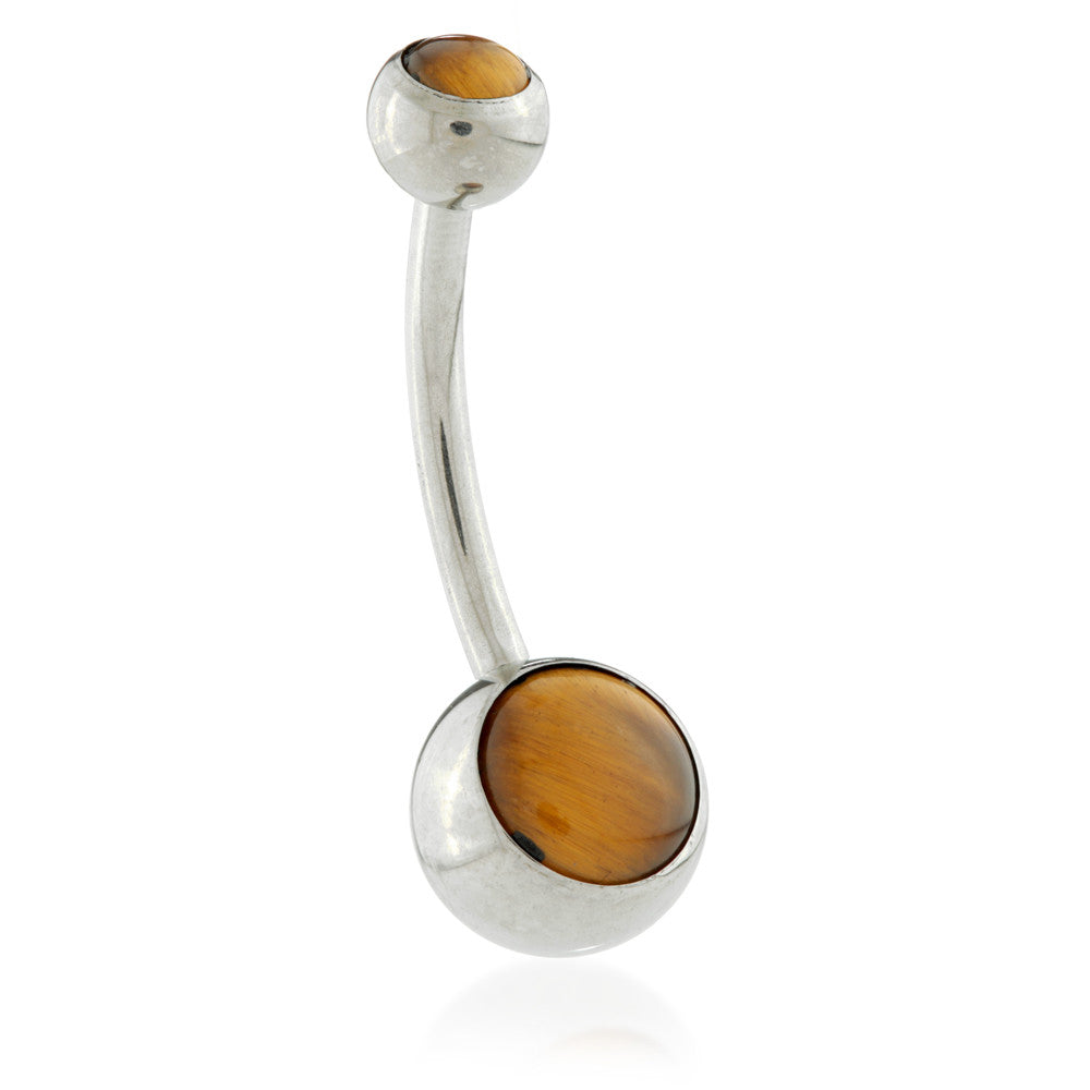 Ti External Navel Bar with Double Tiger Eye Stone