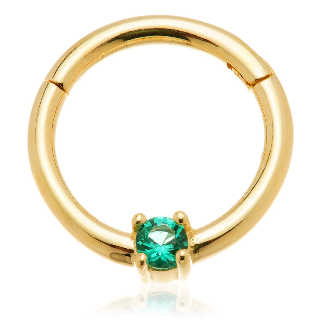 TL - 14ct Gold 2mm Emerald Prong Set Hinge Ring
