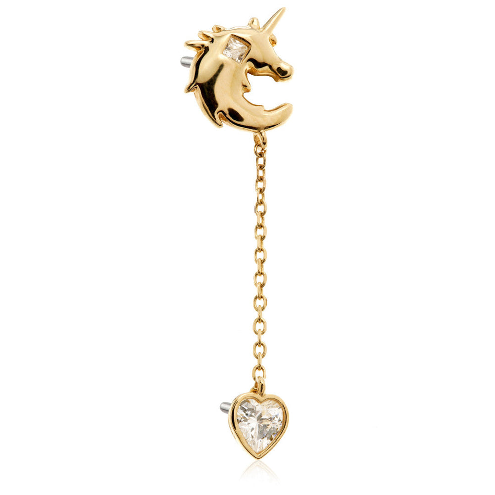 TL - 14ct Solid Gold Threadless Unicorn with Hanging Set Star and Heart Gem Attachment