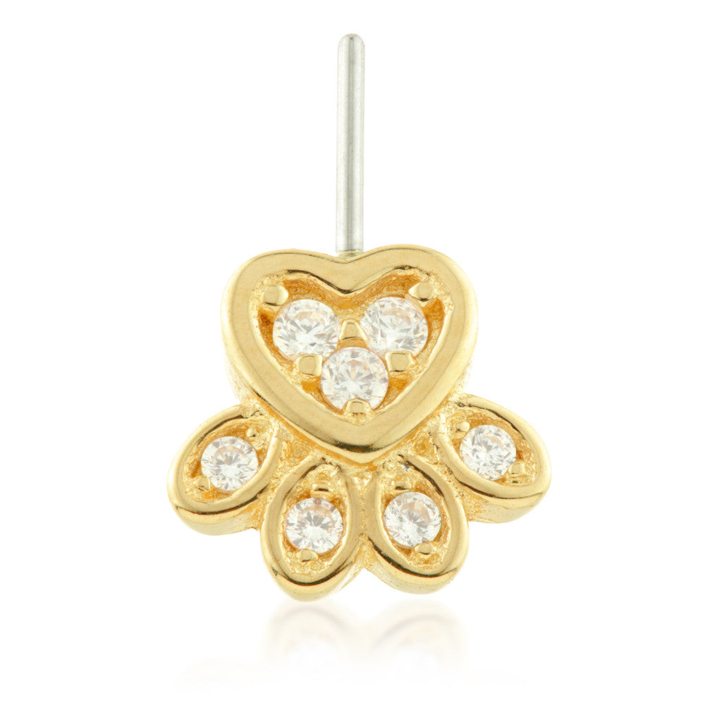 TL - 14ct Threadless Gold Front Facing Jewelled Paw Pin Attachment