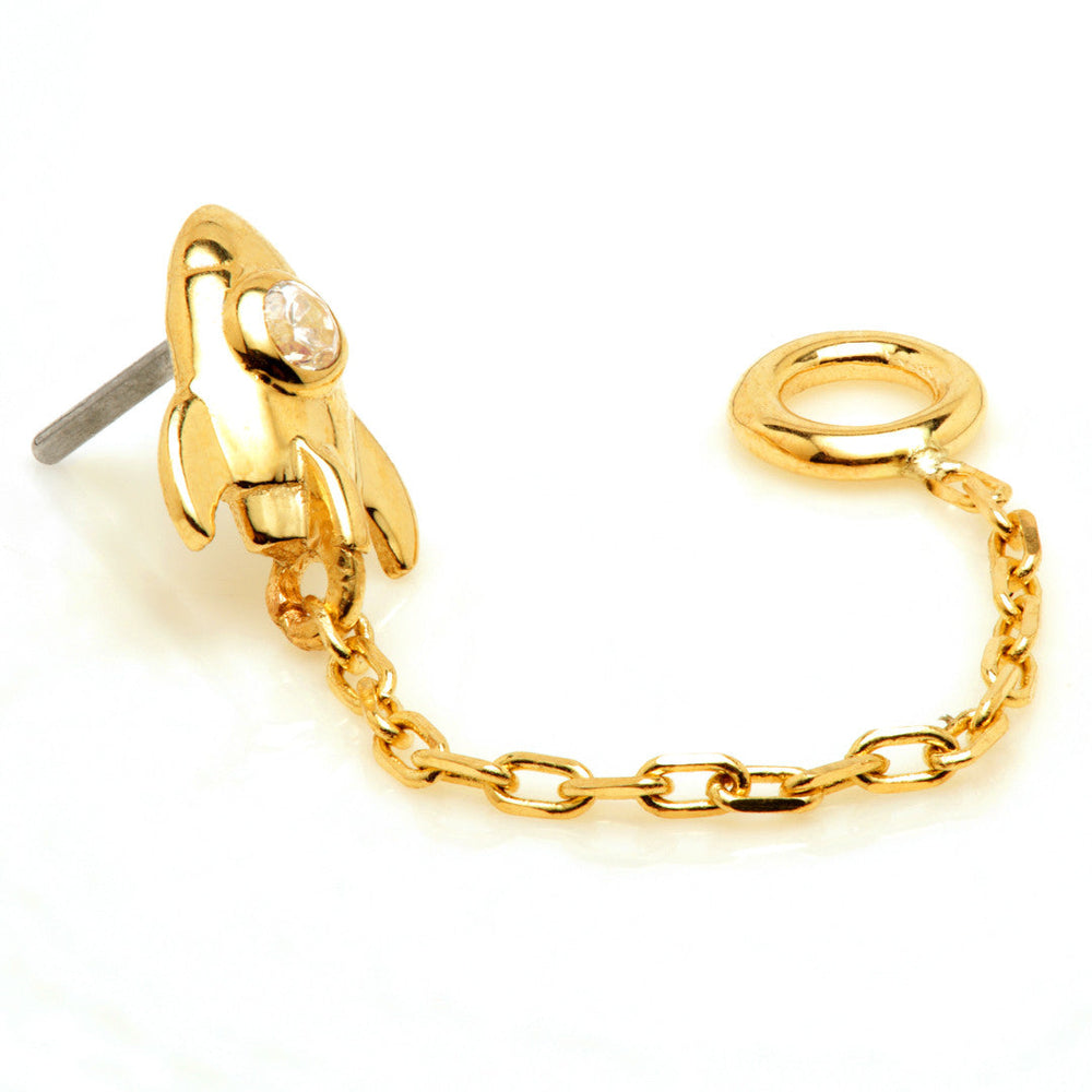 TL - 14ct Threadless Gold Jewelled Spaceship Pin Attachment With Hanging Chain
