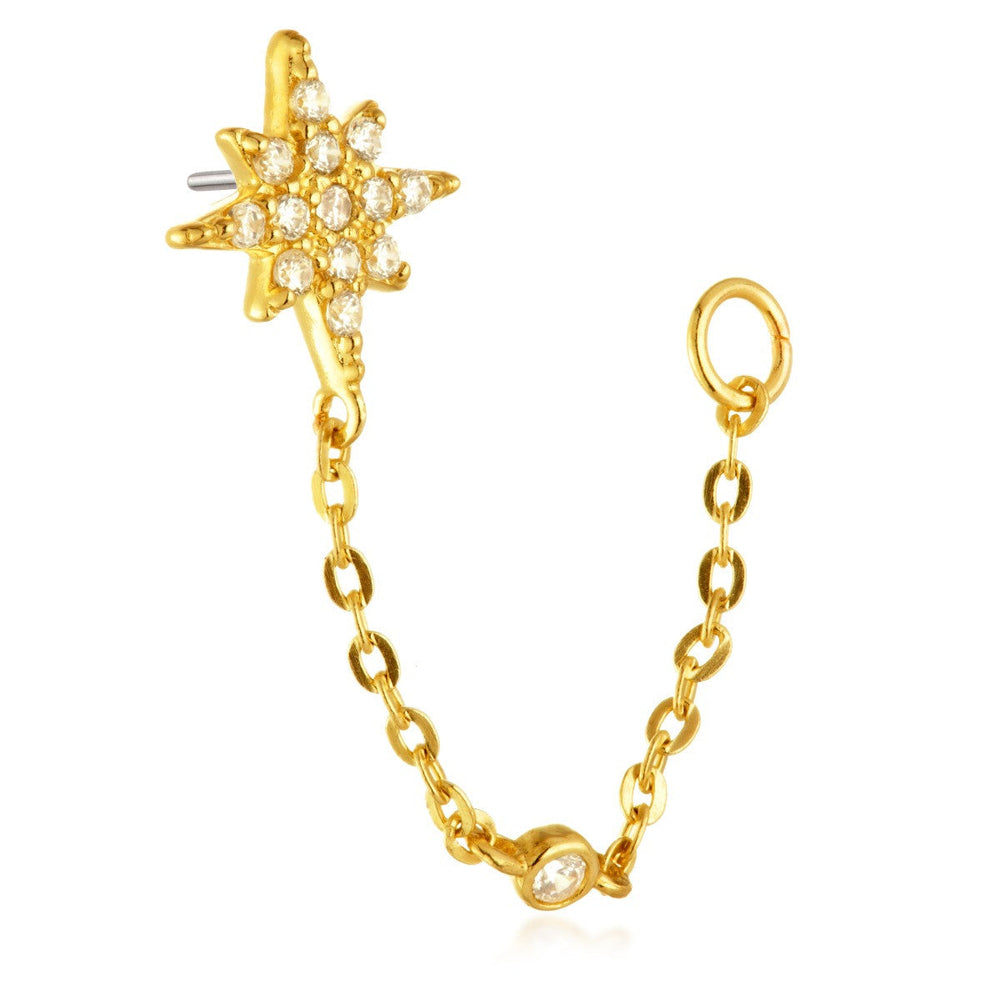 TL - 9ct Threadless Gold Jewelled Celestial Star Pin Attachment With Hanging Chain