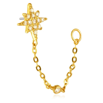 TL - 9ct Threadless Gold Jewelled Celestial Star Pin Attachment With Hanging Chain