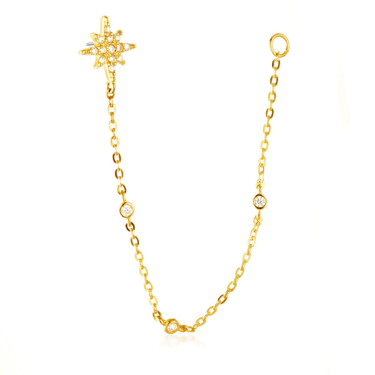 TL - 9ct Threadless Gold Jewelled Celestial Star Pin Attachment With Hanging Chain