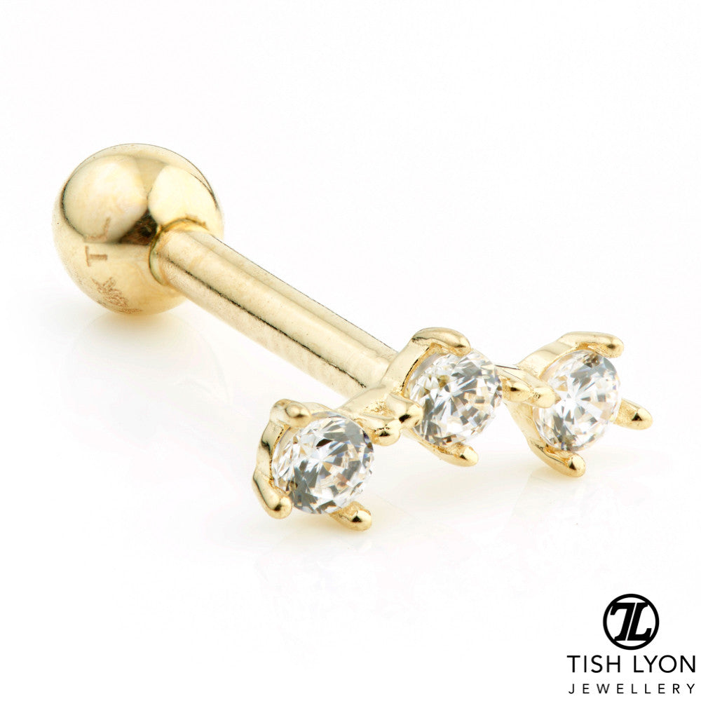 3 Gem Crescent 9 Carat Gold Cartilage Barbell Earring