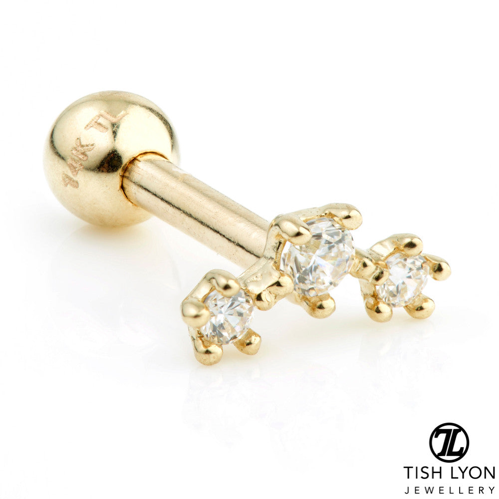 3 Gem Star Crescent 9 Carat Solid Gold Cartilage Barbell Earring