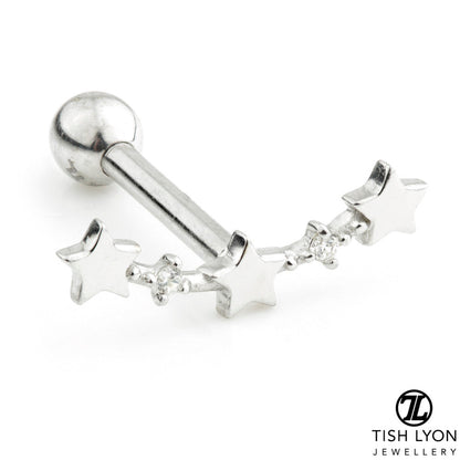 4 Gem Star Crescent 14 Carat Solid Gold Cartilage Barbell Earring