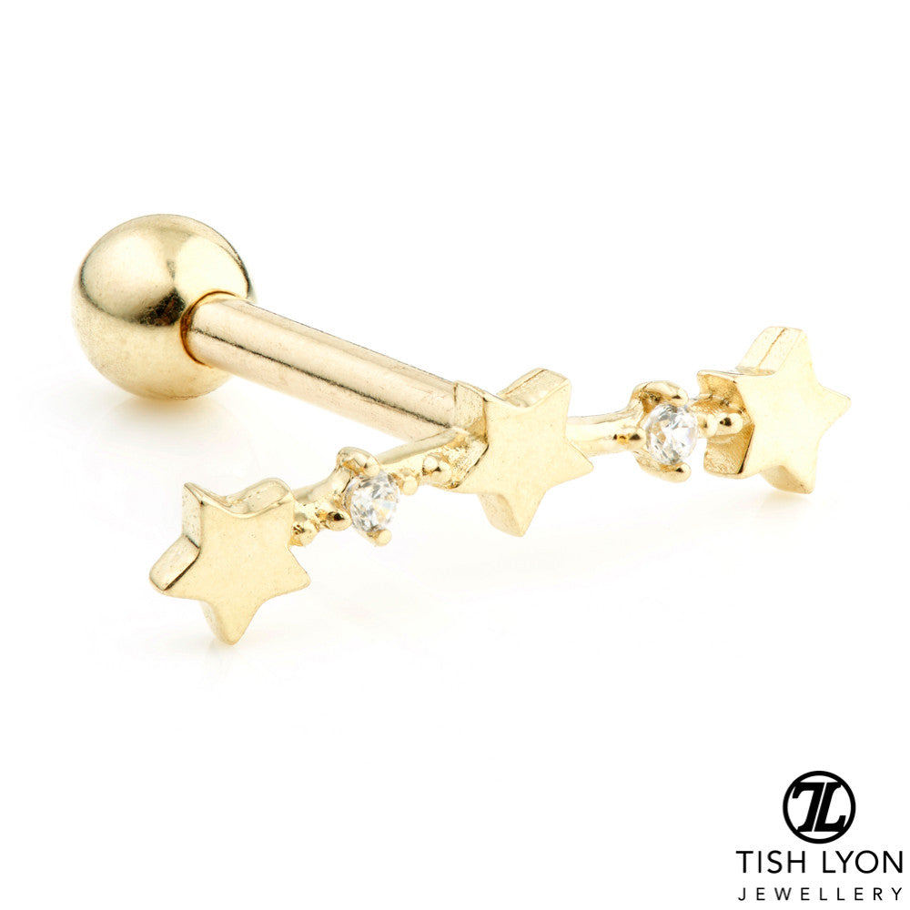 4 Gem Star Crescent 14 Carat Solid Gold Cartilage Barbell Earring