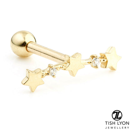 4 Gem Star Crescent 9 Carat Solid Gold Cartilage Barbell Earring