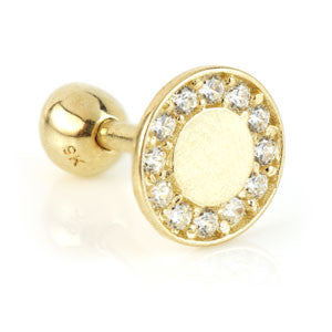 Flat Round Disk with Gem 9 Carat Solid Gold Cartilage Barbell Earring