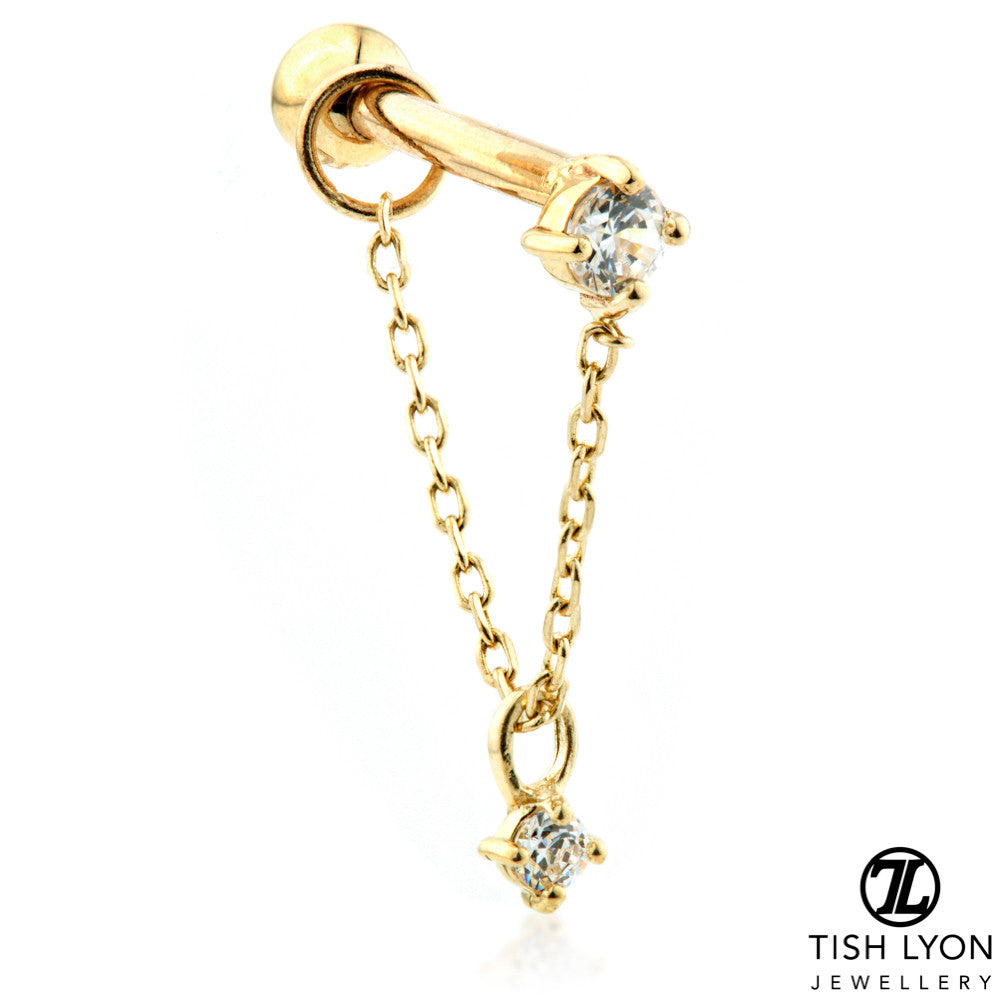 Solid 9ct Barbell Earring with Gem and Chain