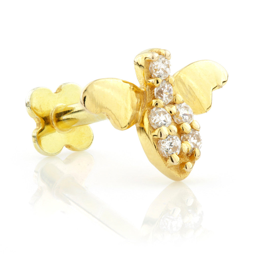 Solid Gold Bee Flatback Stud with Gemstones