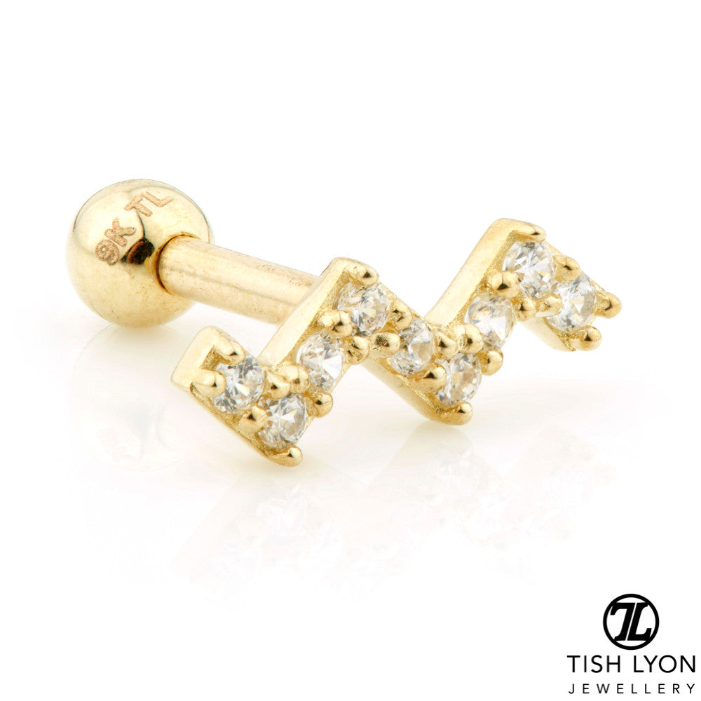 Solid Gold Gem Zig-Zag Cartilage Barbell Earring