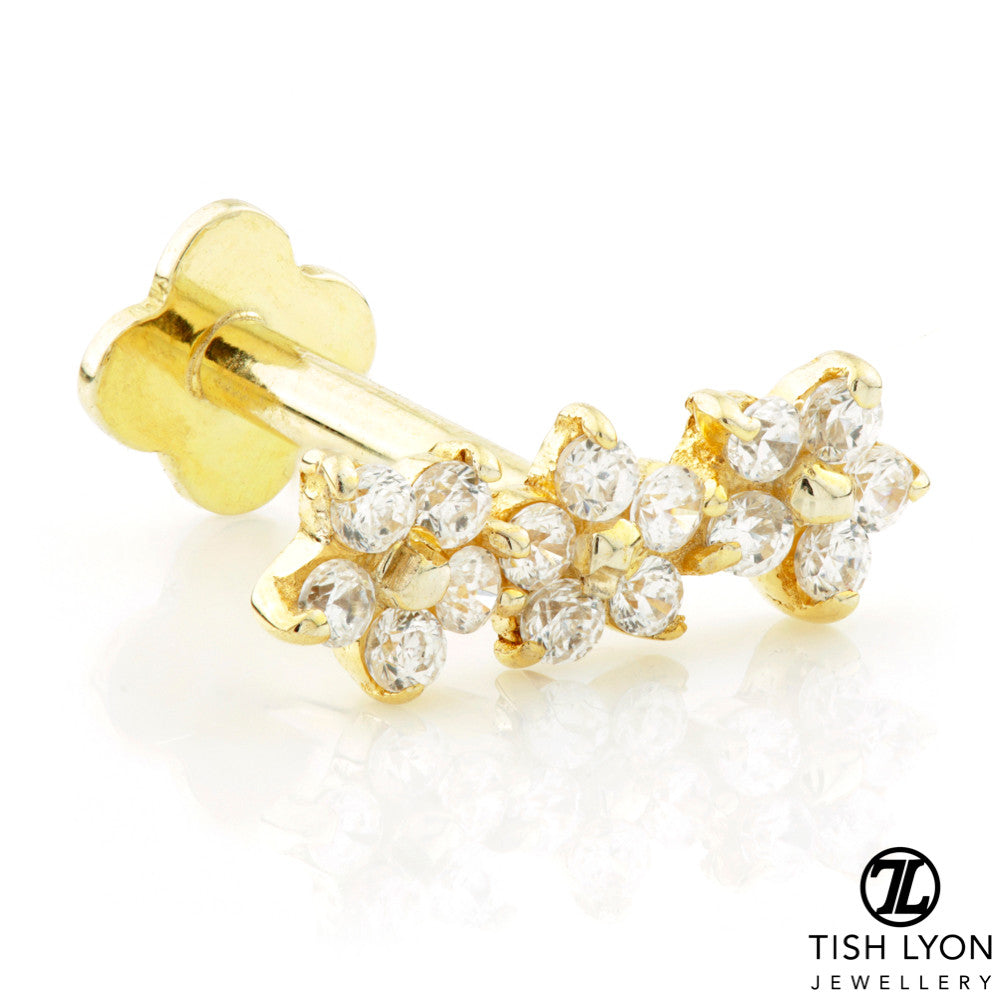 Solid Gold Jewelled Triple Daisy Flatback Earring