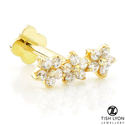 Solid Gold Jewelled Triple Daisy Flatback Earring