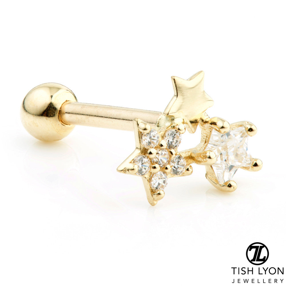 Multi Stars 14 Carat Solid Gold Cartilage Barbell Earring