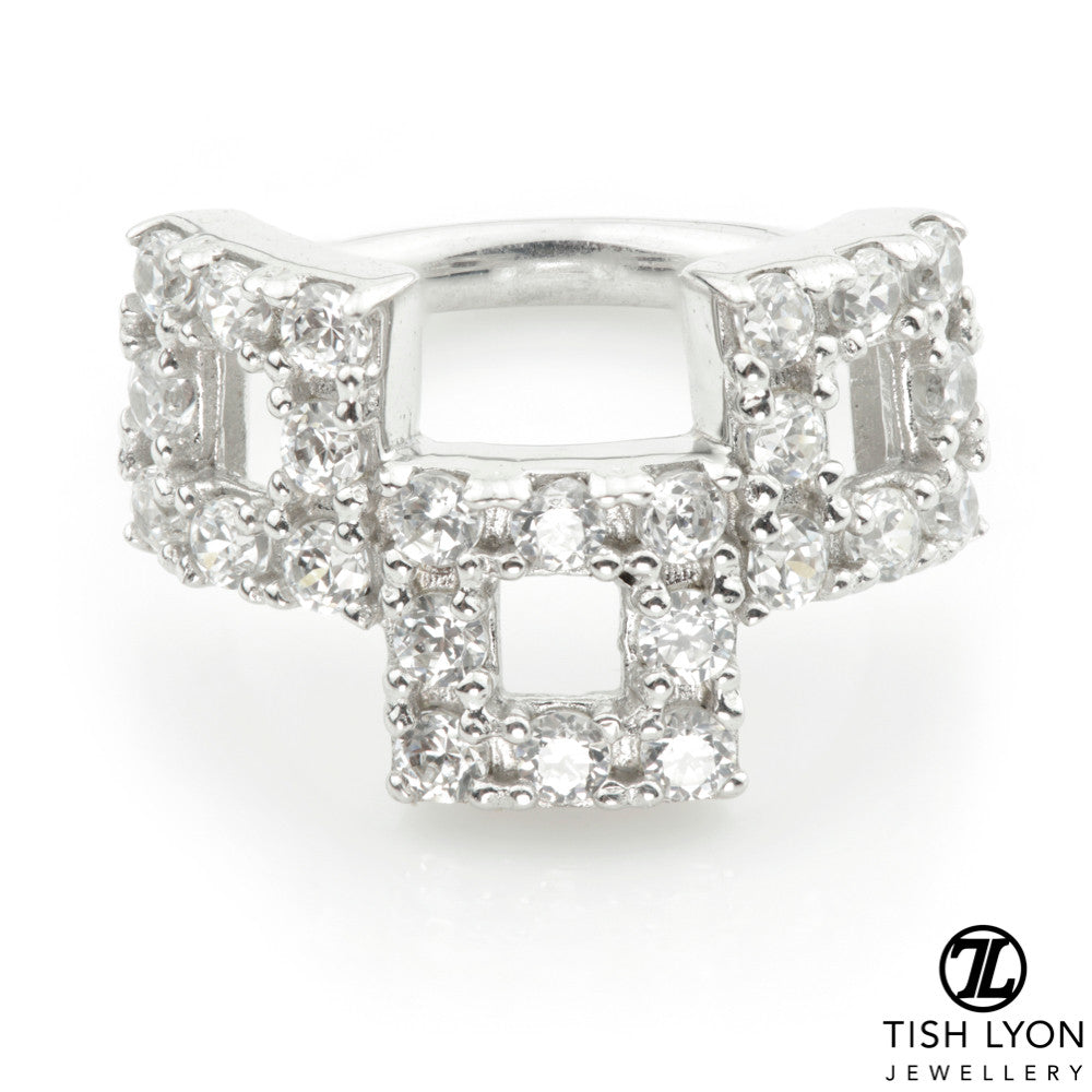 Solid Gold Pavé Cubic Zirconia Triple Square Hinge Ring