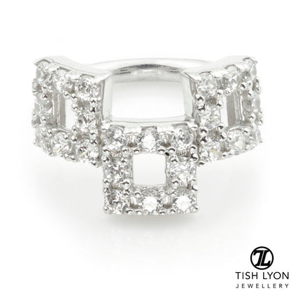 Solid Gold Pavé Cubic Zirconia Triple Square Hinge Ring