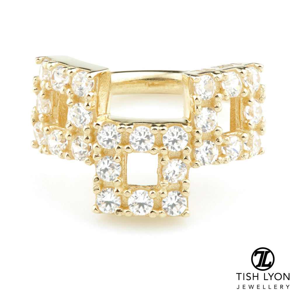 Solid Gold Pavé Cubic Zirconia Triple Square Hinge Ring