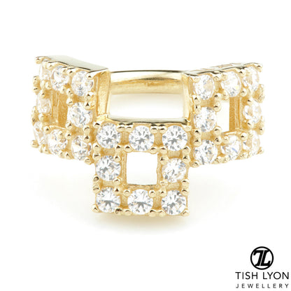 Solid Gold Pavé Cubic Zirconia Triple Square Hinge Ring