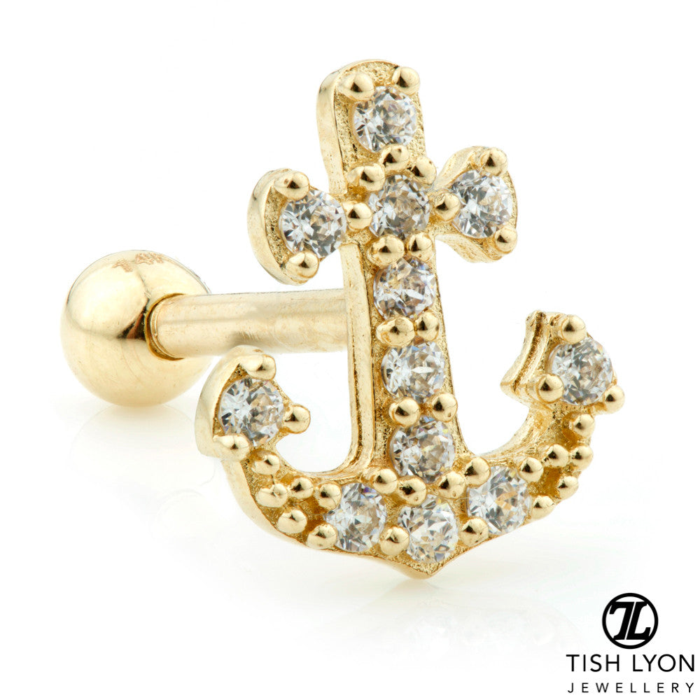 Gem Anchor Solid Gold Cartilage Barbell Earring