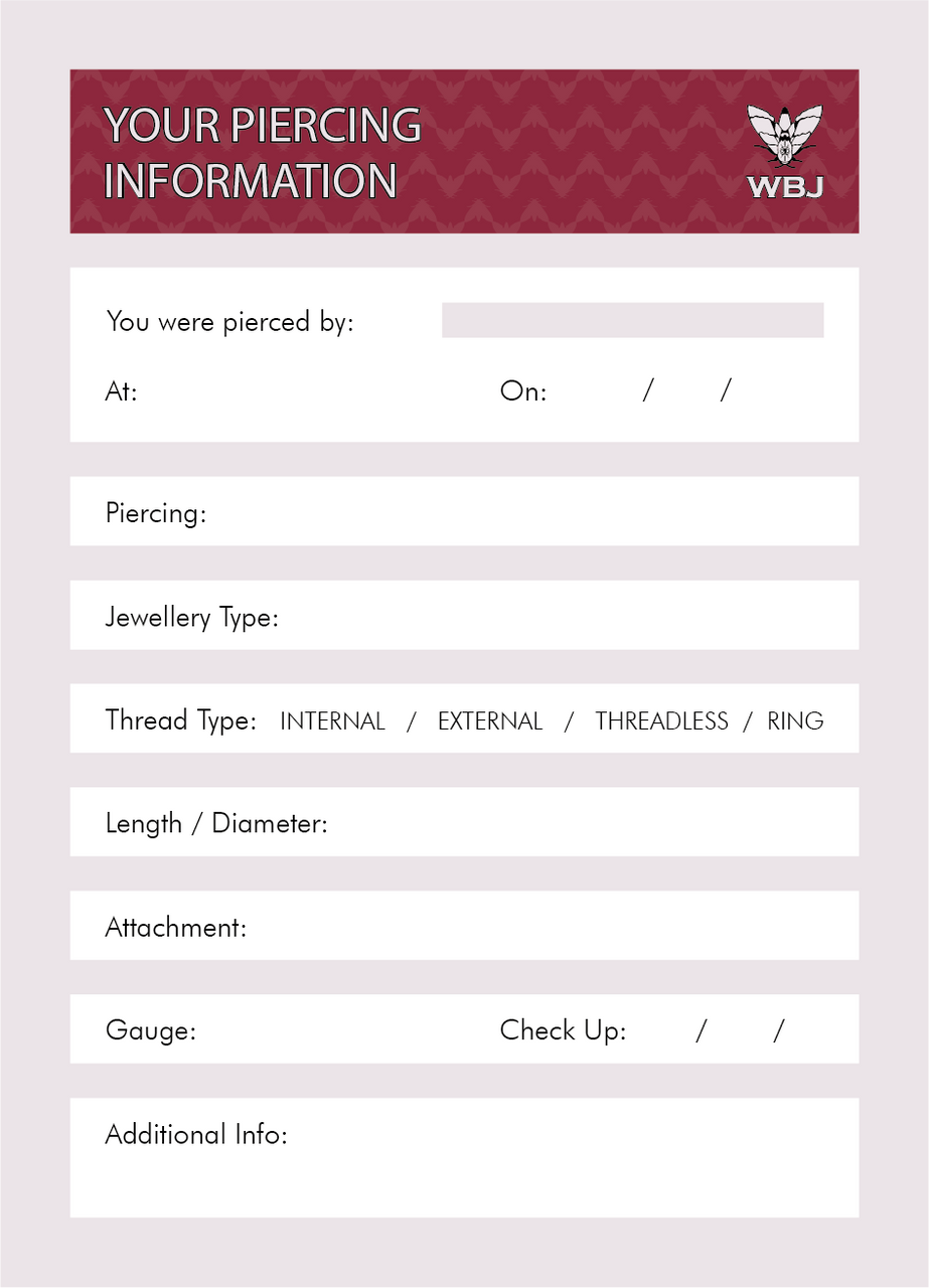 WBJ Piercing Information Cards