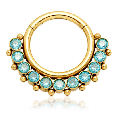 Zircon Gold Ti Front Facing Jewelled Cluster Hinged Ring