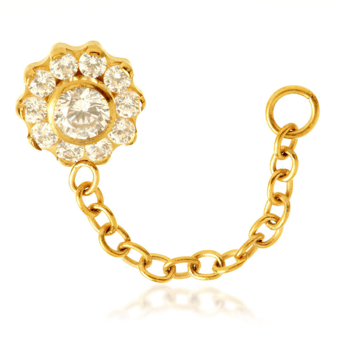 Zircon Gold Ti Internal Jewelled Flower Attachment with Hanging Chain for Double Piercing