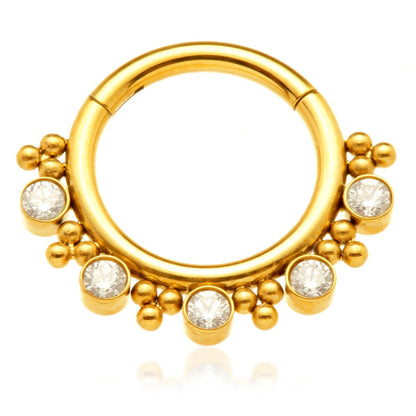 Zircon Gold Ti Jewelled Tribal Bead Cluster Hinged Ring