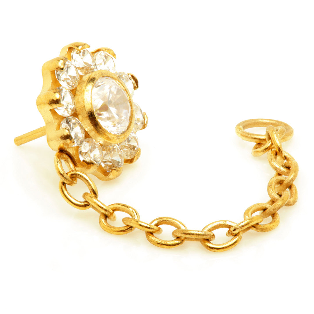 Zircon Gold Ti Threadless Jewelled Flower Attachment with Hanging Chain for Double Piercing