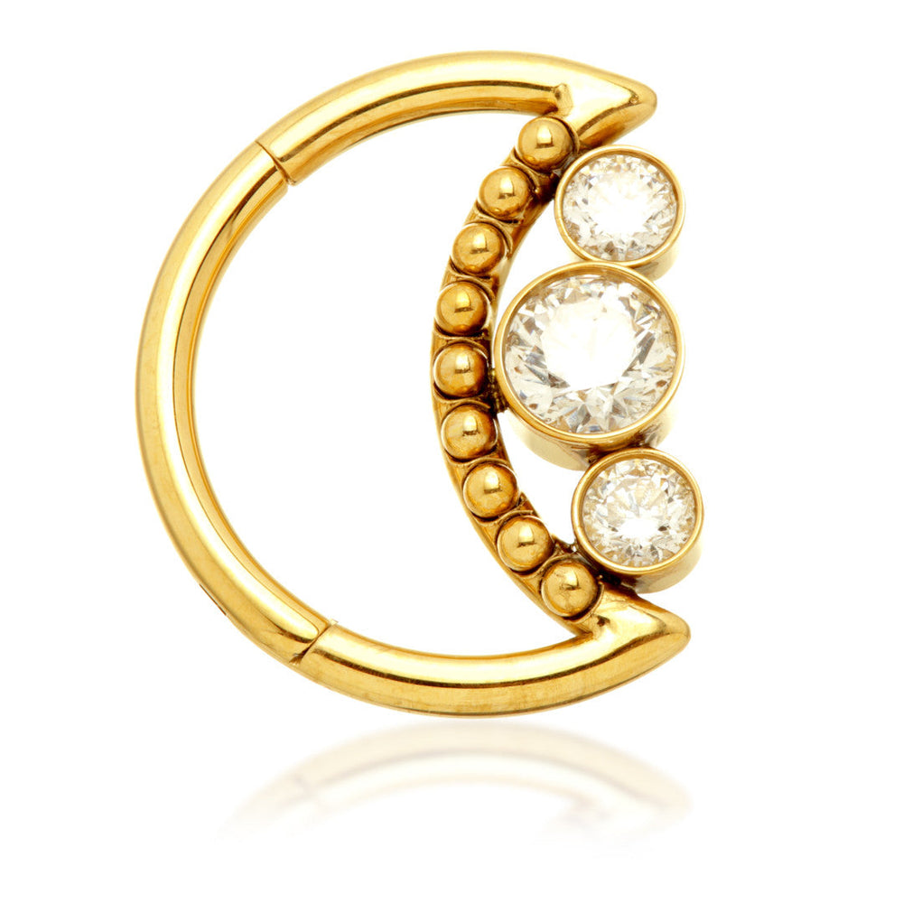 Zircon Gold Ti Triple Jewelled Moon Shaped Hinge Ring