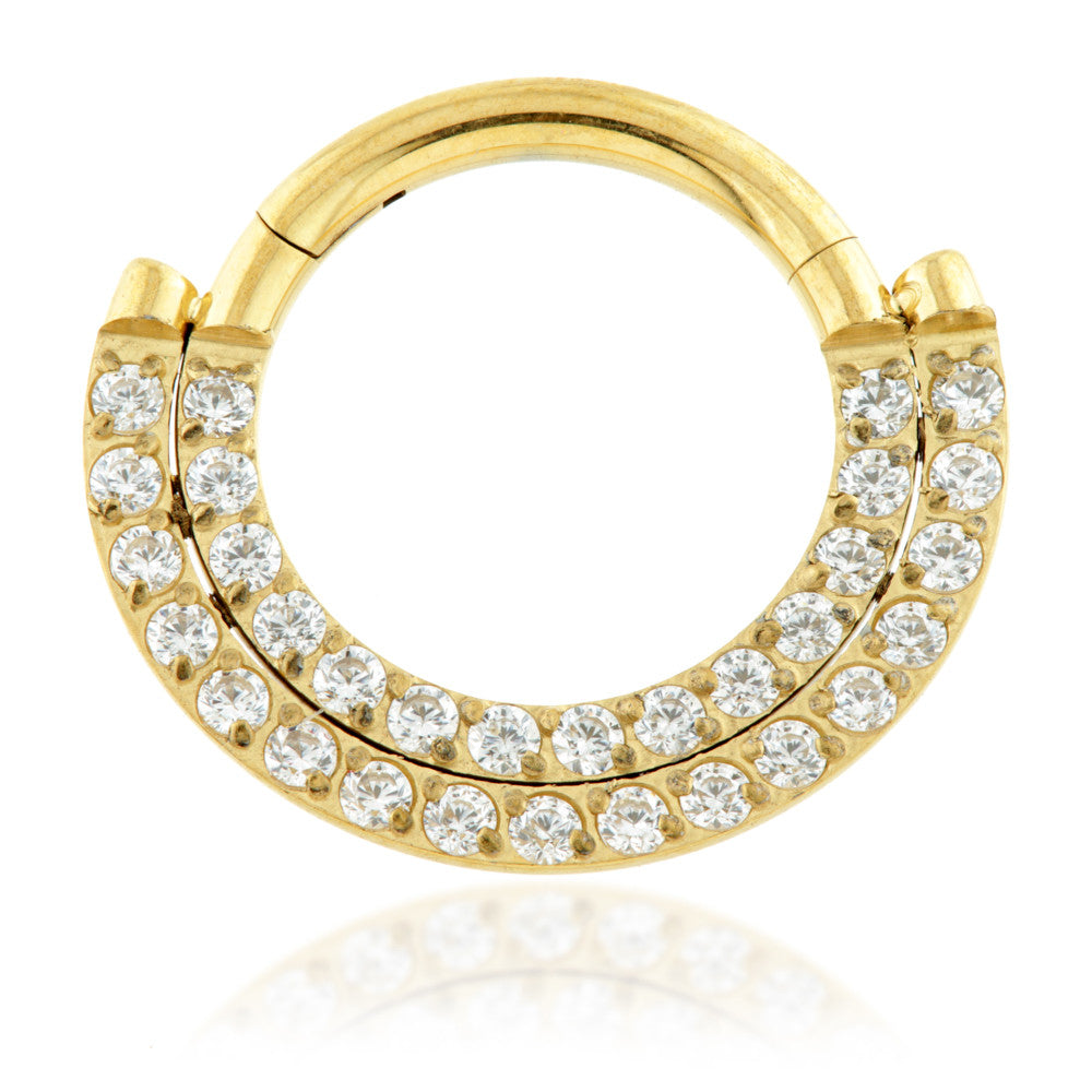 Zircon Gold Titanium Front Facing Double Pave Gem Hinged Ring