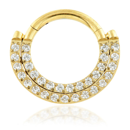 Zircon Gold Titanium Front Facing Double Pave Gem Hinged Ring