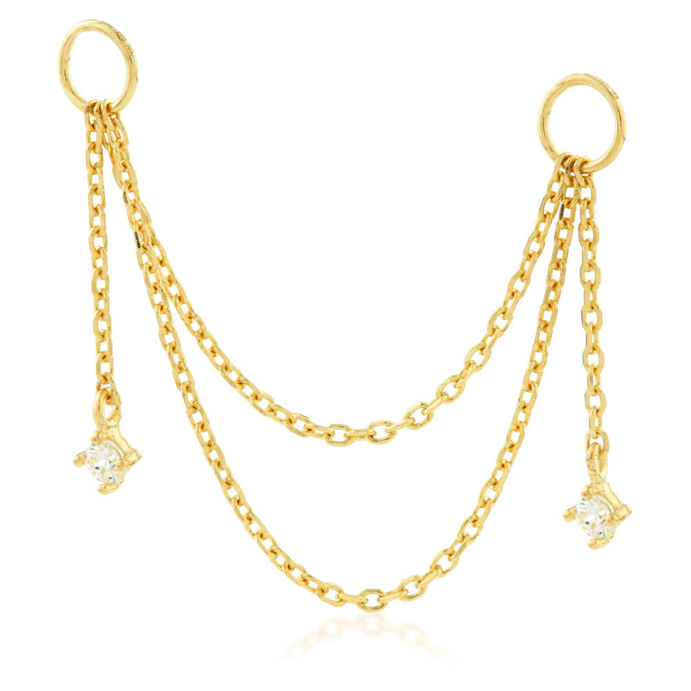 Solid 14ct Gold Hanging Double Chain Charm with Hanging Gems