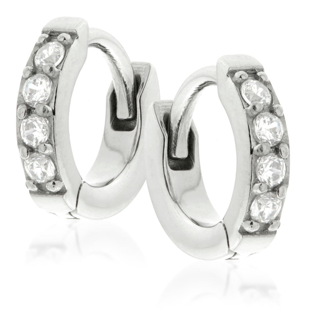 Pave Gem Tiny Steel Huggie Hoop Earrings (Pair)