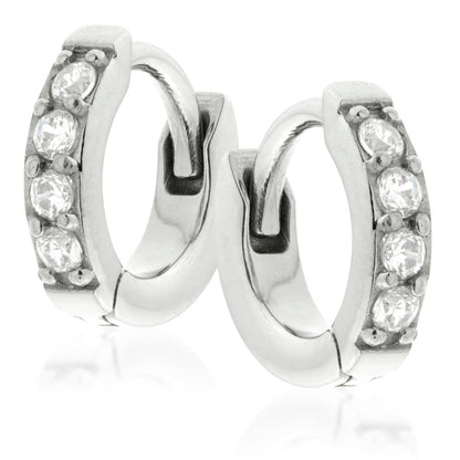 Pave Gem Tiny Steel Huggie Hoop Earrings (Pair)