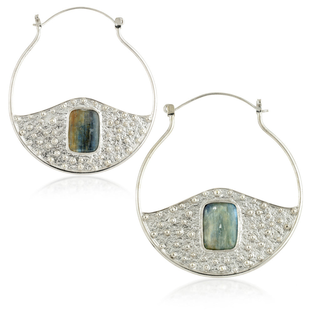 Mandala Jewellery - Kyanite Stone Half Disk Silver Plate Hoop Earrings (Pair)