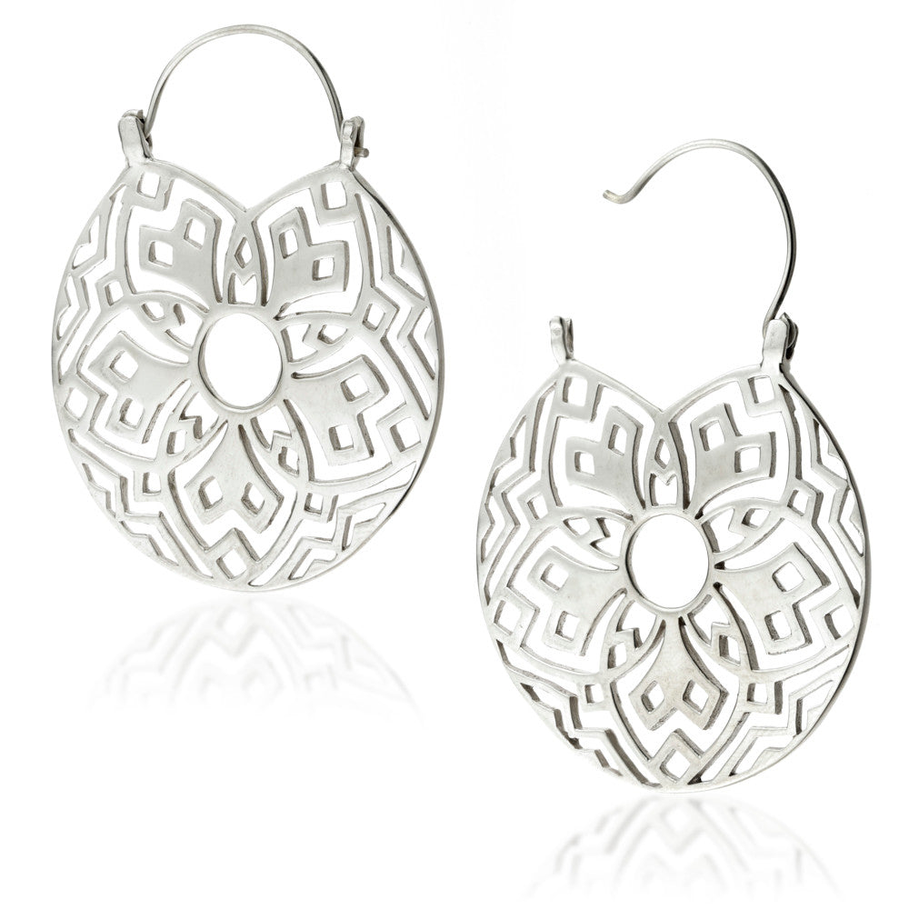Silver Brass Flower Disk Earrings (Pair)
