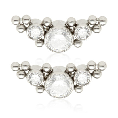 Titanium Threadless Stud Earrings with Triple Gem Curve Attachment (Pair)