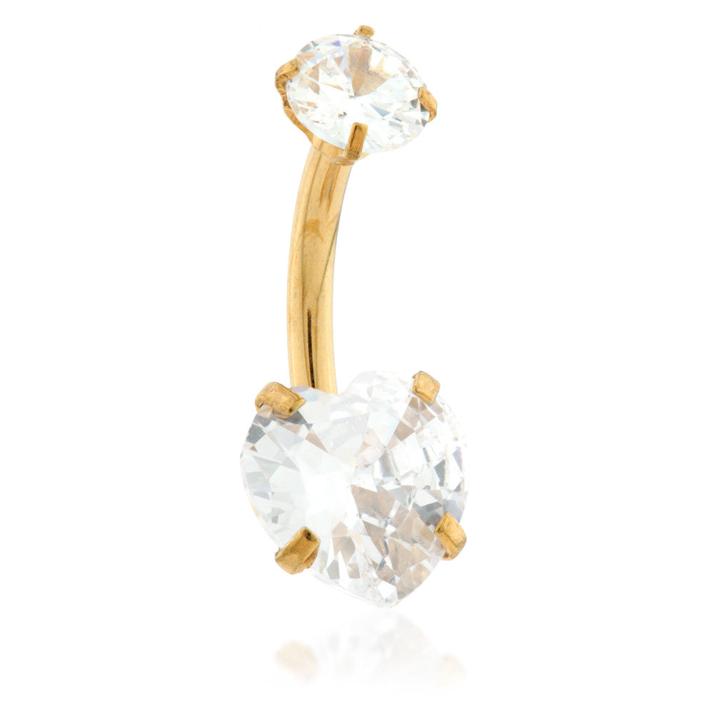 Internal Zircon Gold Ti Heart Gem Double Jewelled Navel