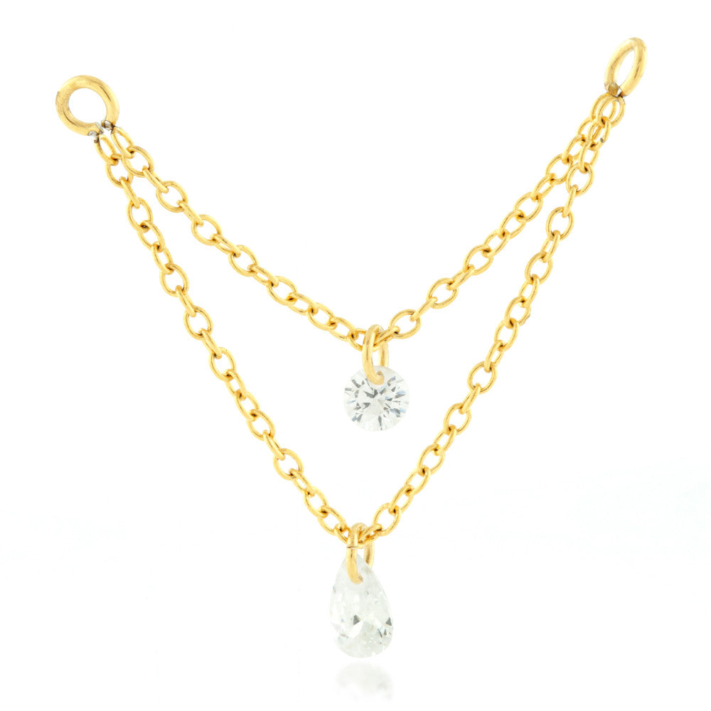 Steel Gold PVD Double Hanging Chain with Gems Charm