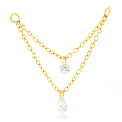 Steel Gold PVD Double Hanging Chain with Gems Charm