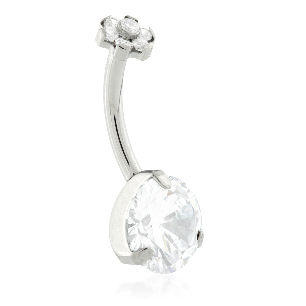 Internal Thread Ti Double Round Gem Belly Bar with Gem and Ball Flower top-1.6-10-CR