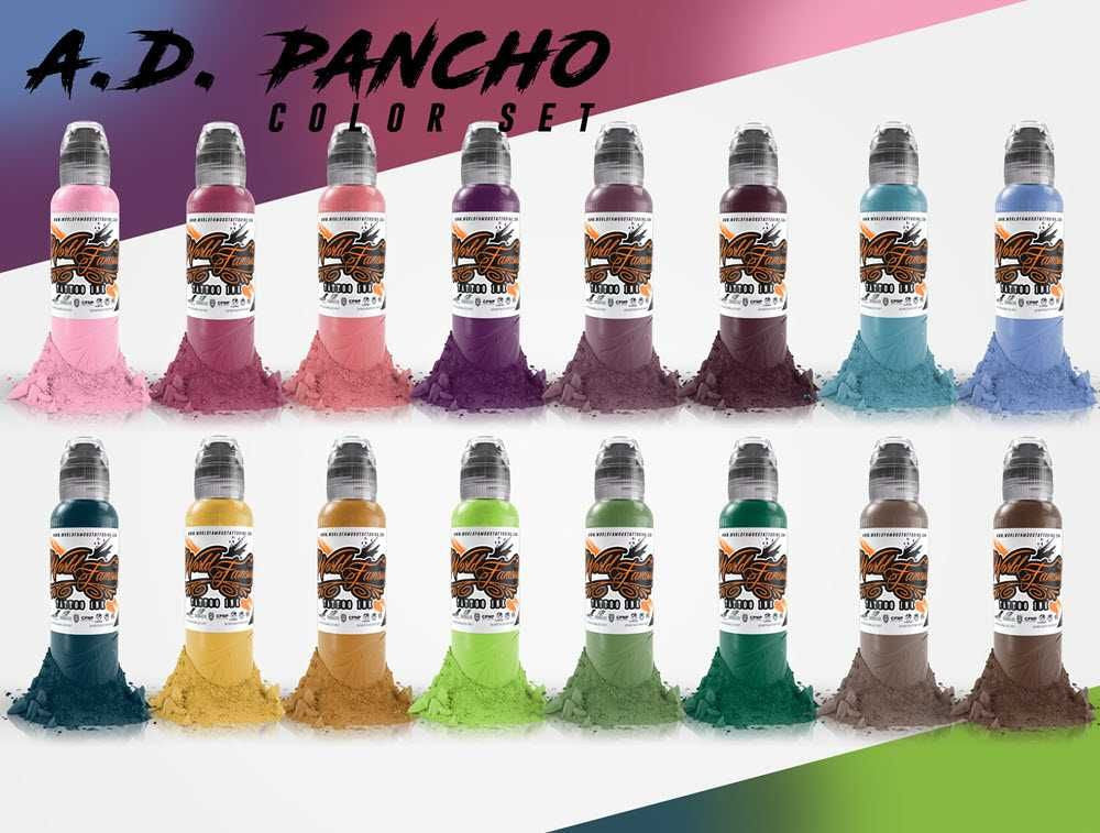 SHORT DATE - DISCOUNTED - 16 Colour A.D. Pancho Set - World Famous Tattoo Ink - 1oz
