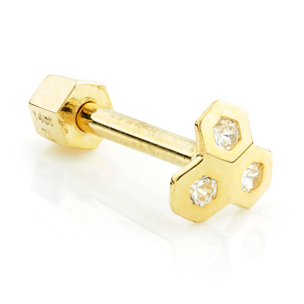 TL - 14ct Gold Honeycomb Gem Cartilage Bar with Hexagon Back - 1.2mm