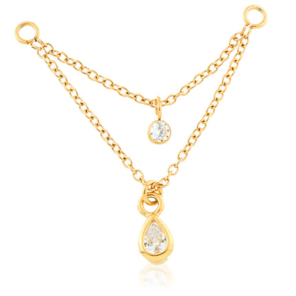 Zircon Gold Steel Double Hanging Gem Chain Charm