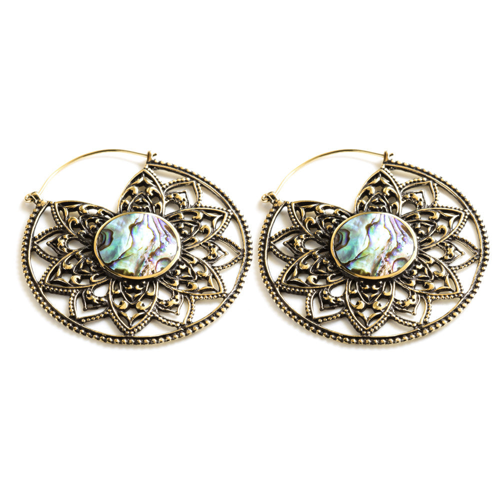 Brass Lotus Hoop Earrings with  Abalone (Pair)