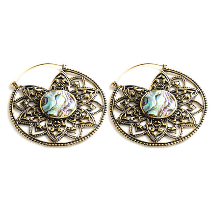 Brass Lotus Hoop Earrings with  Abalone (Pair)