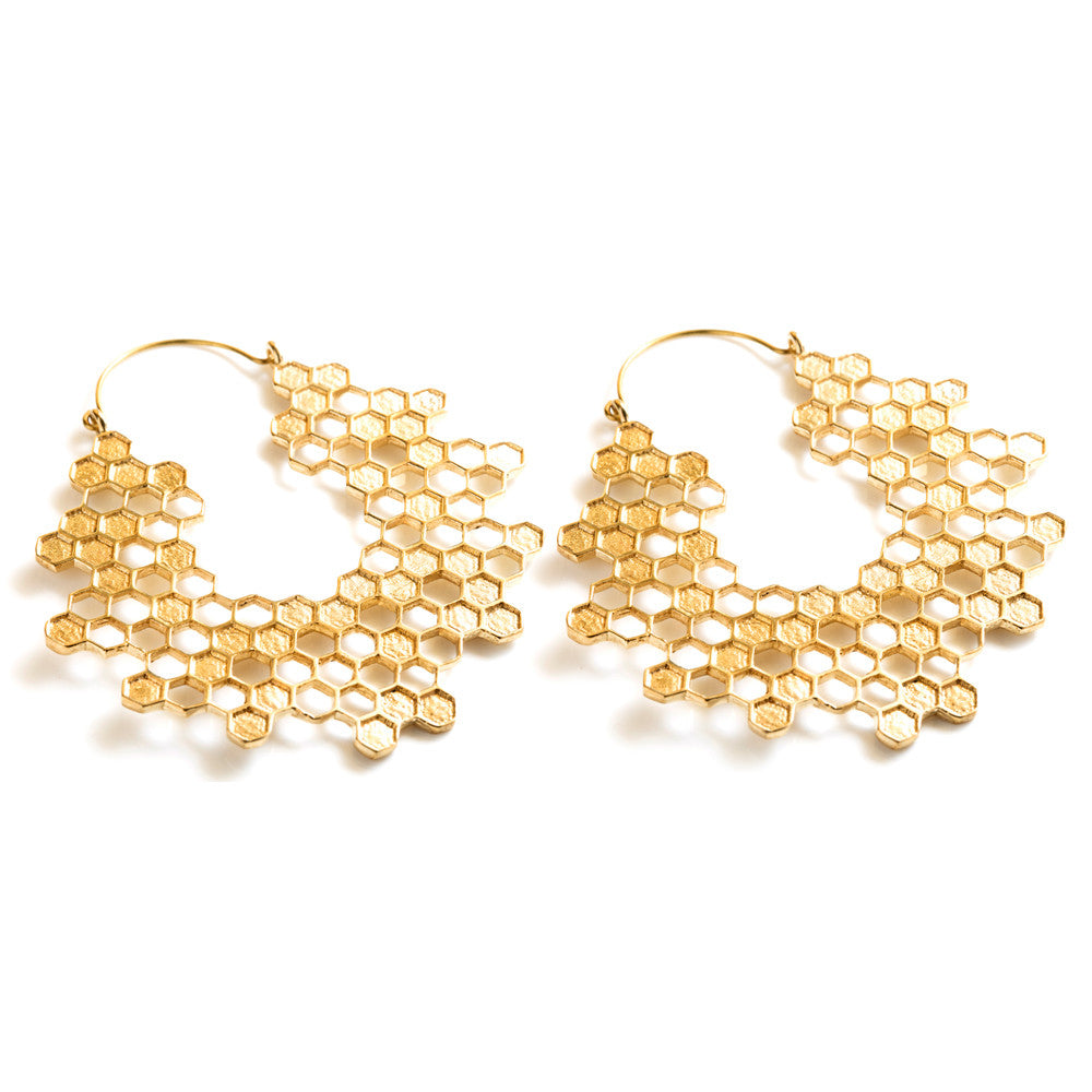 Brass Hex Honeycomb Hoop Earrings (Pair)