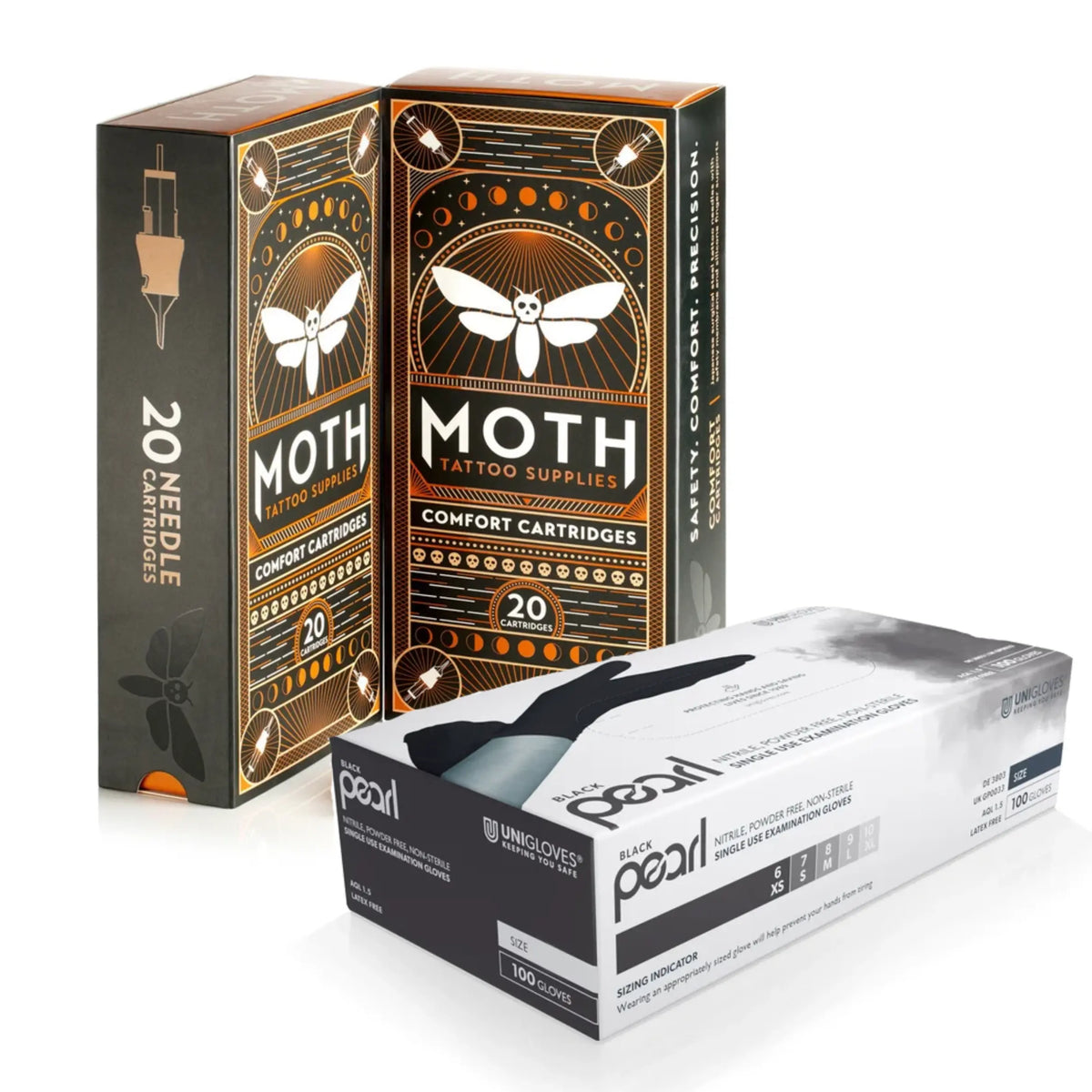 Three product boxes on a clean white background: two tall black-and-orange boxes for MOTH Tattoo Supplies comfort cartridges in the back, and a white box for Pearl Uniglove black nitrile gloves in the foreground.